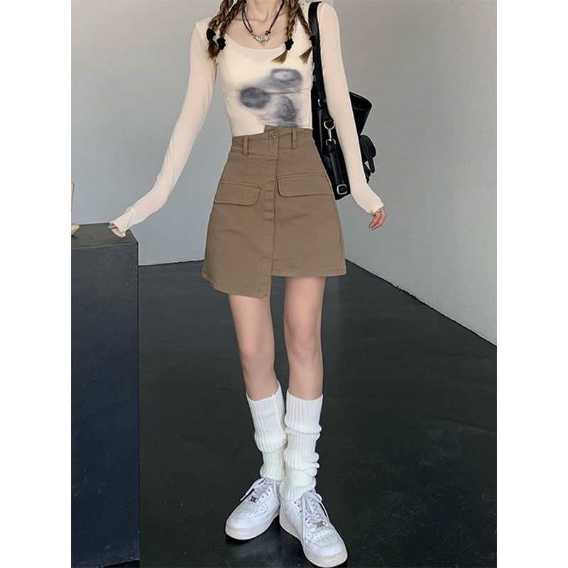 卡其色半身裙子女夏季新款不規則高腰顯瘦大碼胖mm包臀小個子短裙