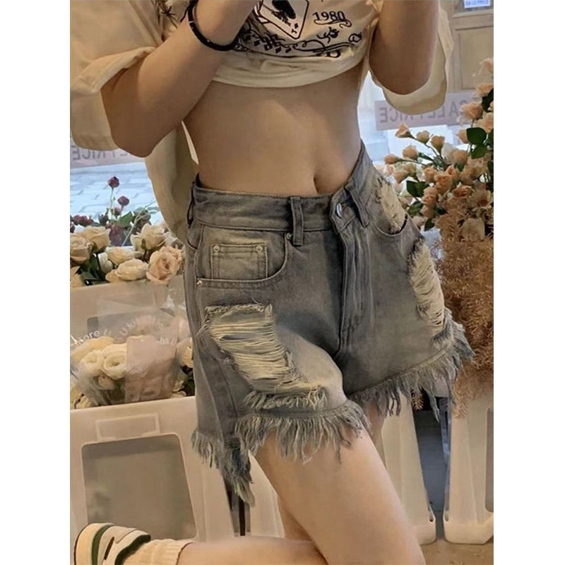 做舊復古破洞牛仔短褲女夏季大碼胖妹妹毛邊顯瘦直筒高腰a字熱褲