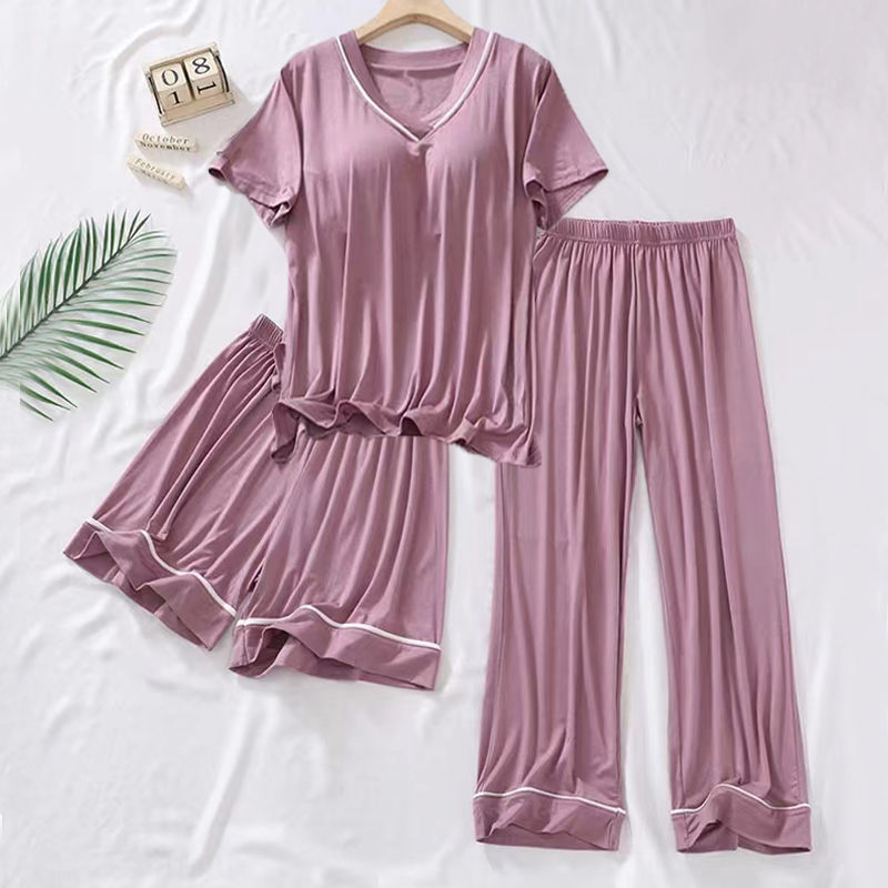 Pajamas with chest pad women's summer three-piece short-sleeved v-neck one-piece bra-free bra pregnant women can wear home clothes