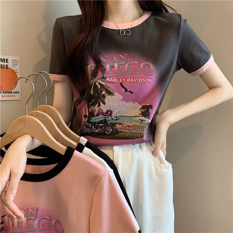 短袖t恤女裝新款夏季法式胖mm大碼撞色韓版圓領小眾上衣200斤300