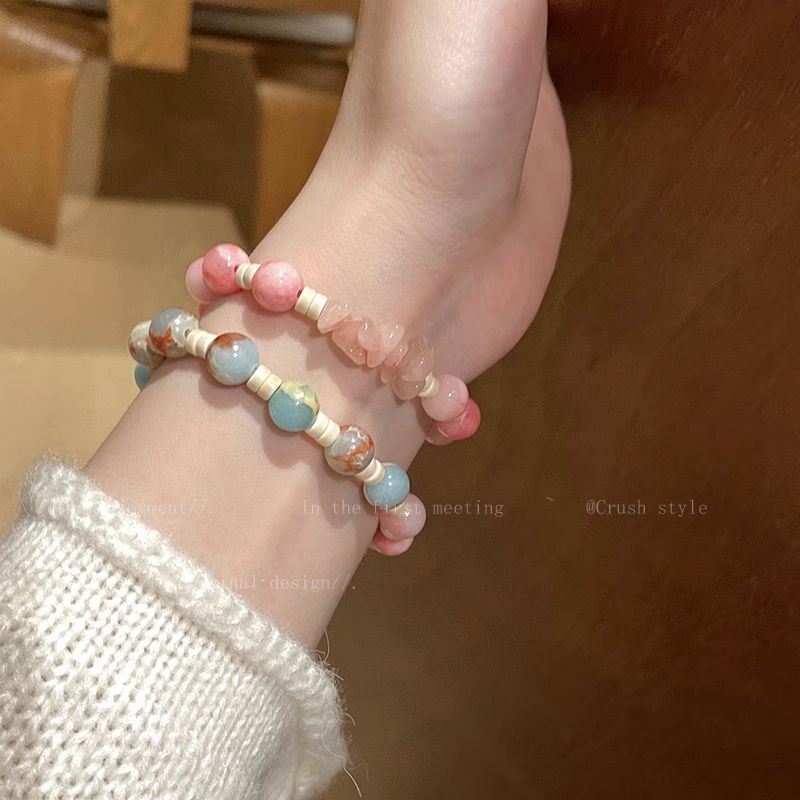 撞色壽山石串珠手鍊女夏ins小眾設計感彈力手串輕奢網紅氣質手飾