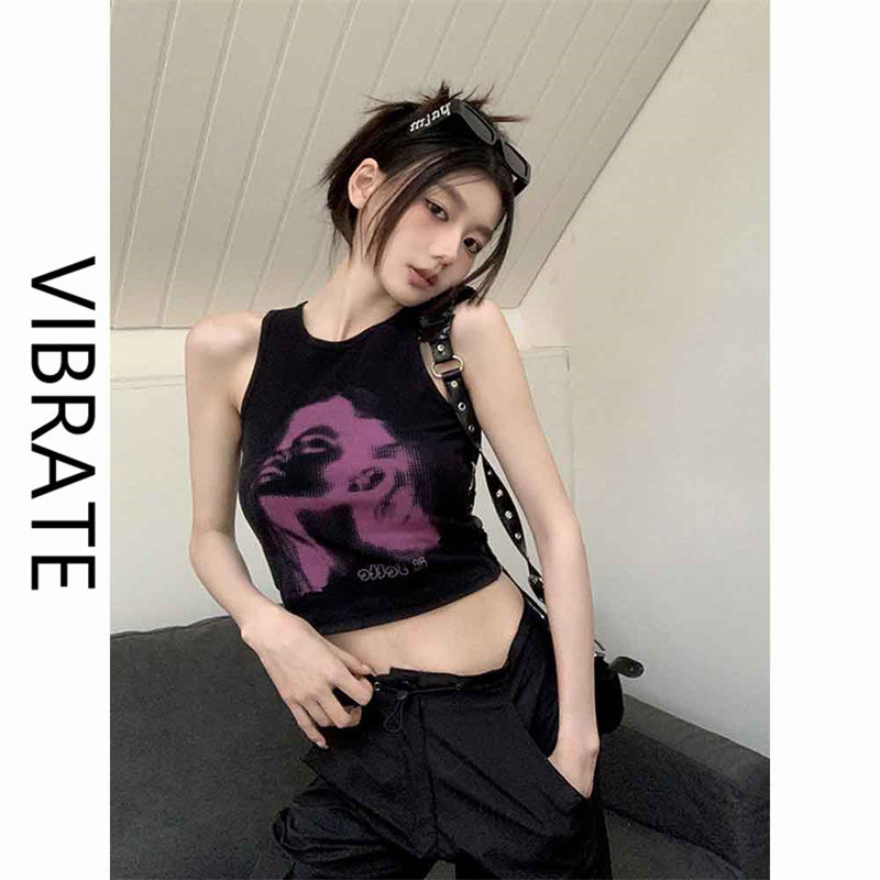VIBRATE美式酷辣辣妹街頭風短款背心女2023夏季新款設計感上衣