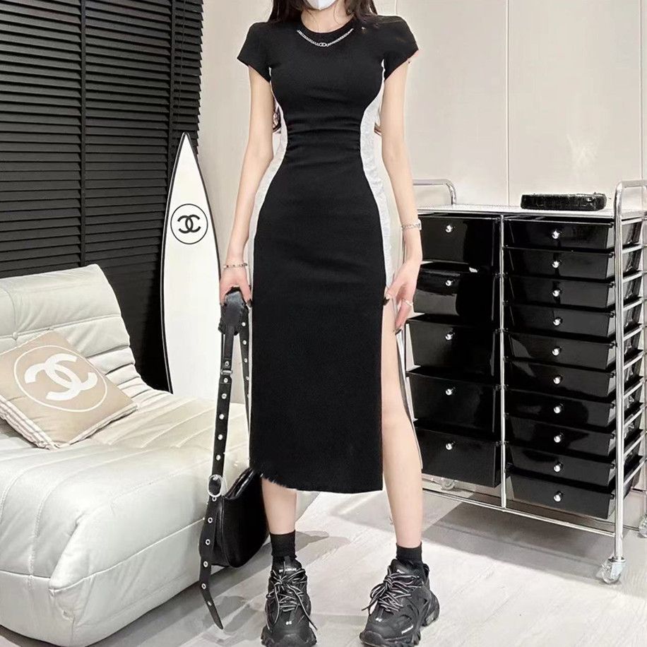 Xiaozi's new color-blocking splicing split fork slim fit hot girl pure desire wind bag hip dress pure desire wind
