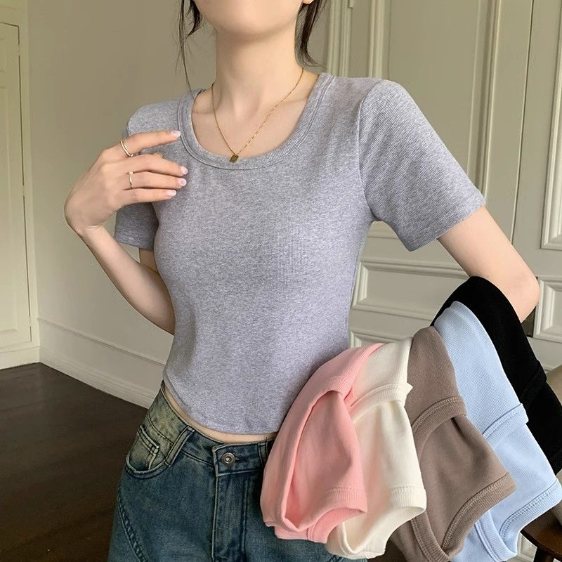 Design sense short-sleeved student short t-shirt women's summer French slimming machine all-match half-sleeved top ins inner wear