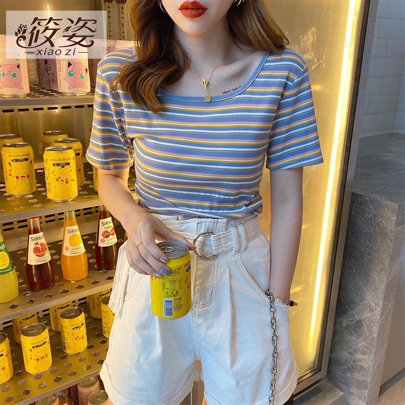 筱姿純棉修身短袖t恤女裝2023年新款夏冰絲條紋鎖骨短款方領上衣