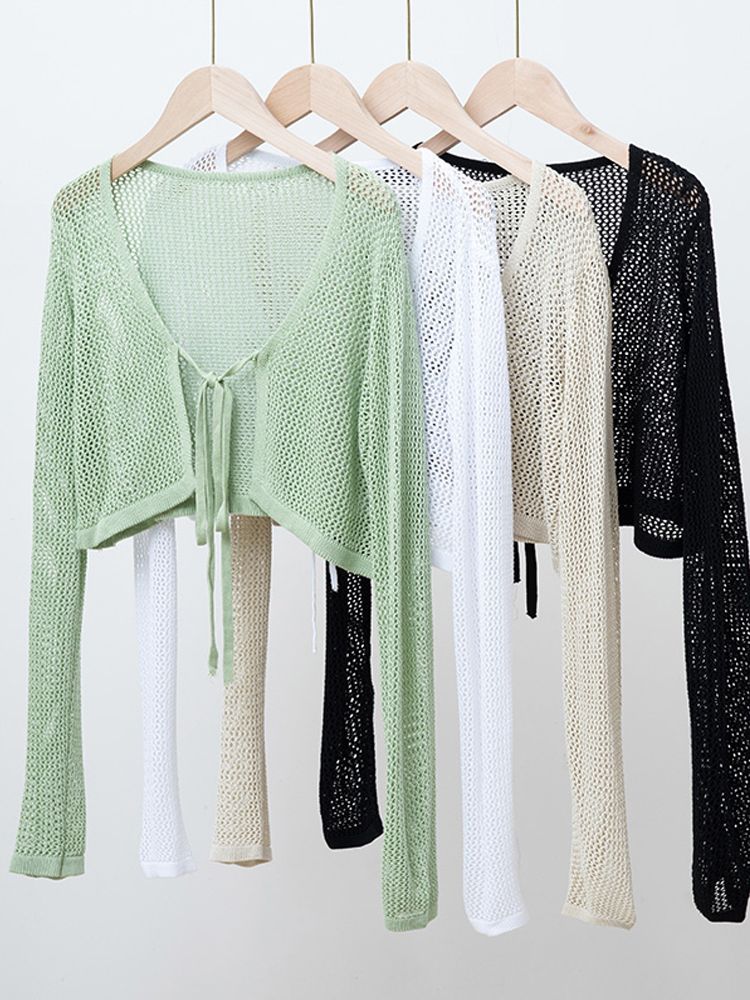 Hollow small shawl women's ice silk sunscreen cardigan summer short style with suspender skirt with air-conditioning shirt tie coat