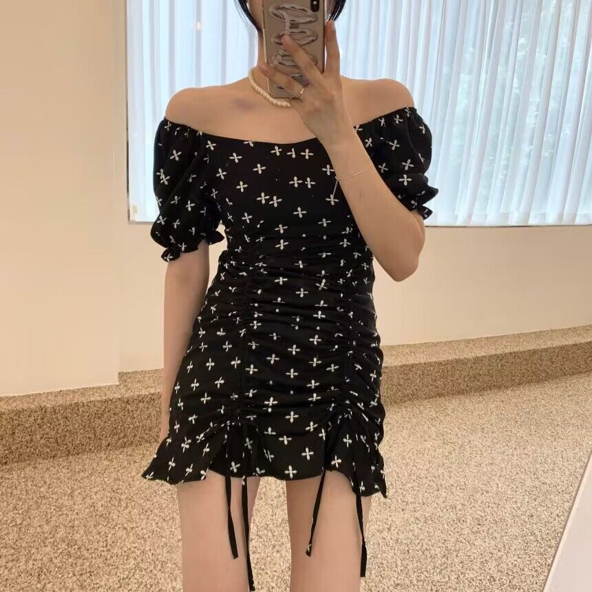 Large size pure lust style cross print waistband hip short skirt fat mm design drawstring temperament slim dress