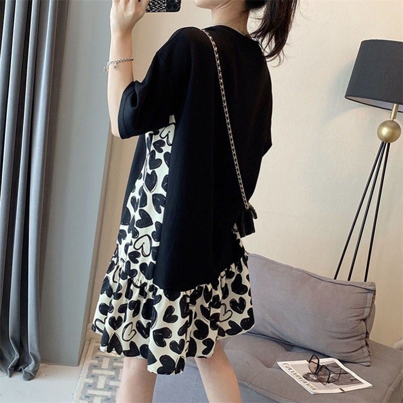 Stitching floral cover belly A-line skirt fat sister dress  new women's summer loose and thin western style