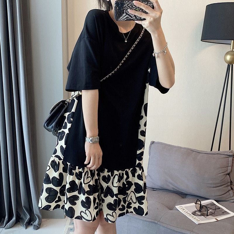 Stitching floral cover belly A-line skirt fat sister dress  new women's summer loose and thin western style