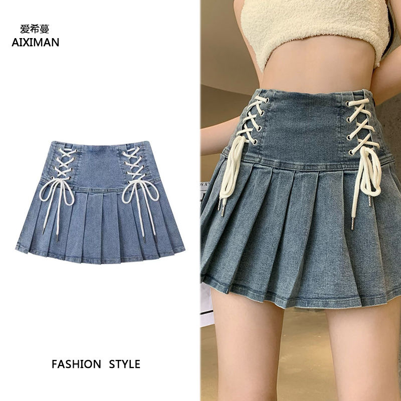 辣妹純欲風牛仔短裙女ins夏季新款褶皺設計感綁帶顯瘦a字半身裙子