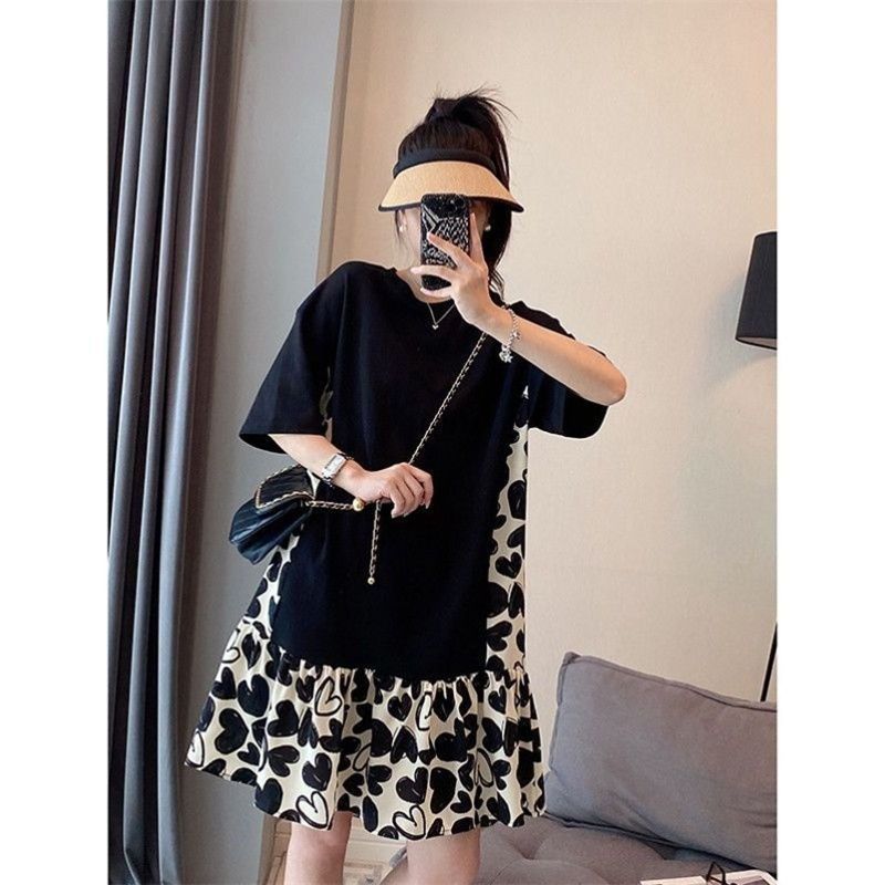 Stitching floral cover belly A-line skirt fat sister dress  new women's summer loose and thin western style