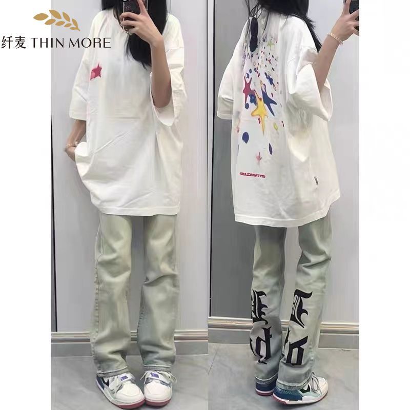 Fianmai 2023 new 100% cotton T-shirt for women, simple, beautiful, trendy brand, short-sleeved, loose and versatile, ins couple tops