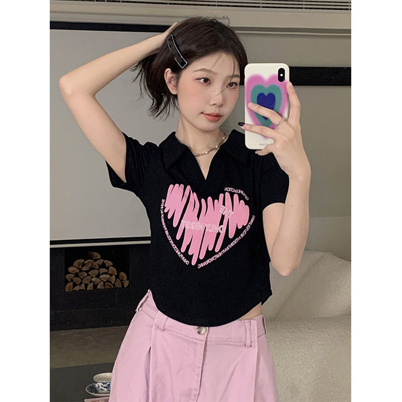 大碼polo領正肩短袖t恤女夏季胖MM顯瘦遮肚子不規則短款辣妹上衣