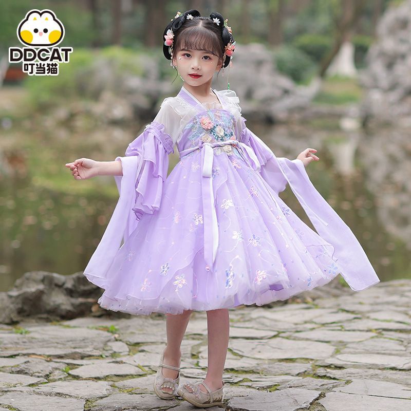 叮噹貓漢服女童連衣裙夏季古風裙子超仙中國風公主裙兒童古裝夏裝