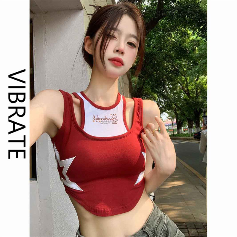 VIBRATE夏季红色假两件小吊带背心女chic韩系甜美设计感短款上衣