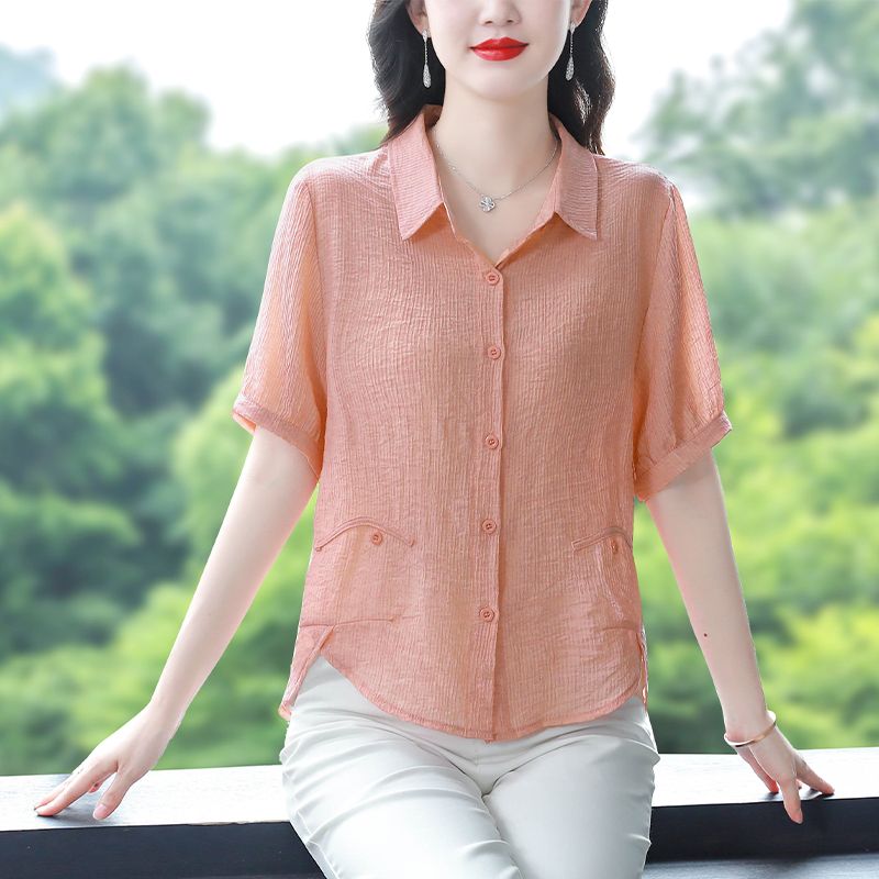 純色棉麻短袖襯衫女夏季薄款氣質減齡大碼上衣寬鬆休閒防曬小衫