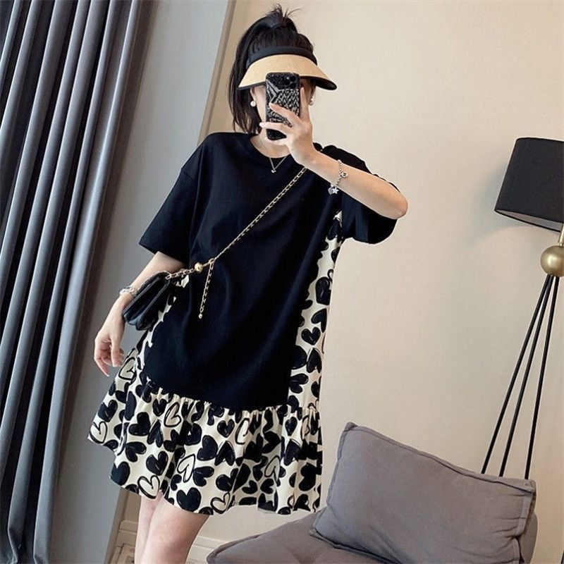 Stitching floral cover belly A-line skirt fat sister dress  new women's summer loose and thin western style