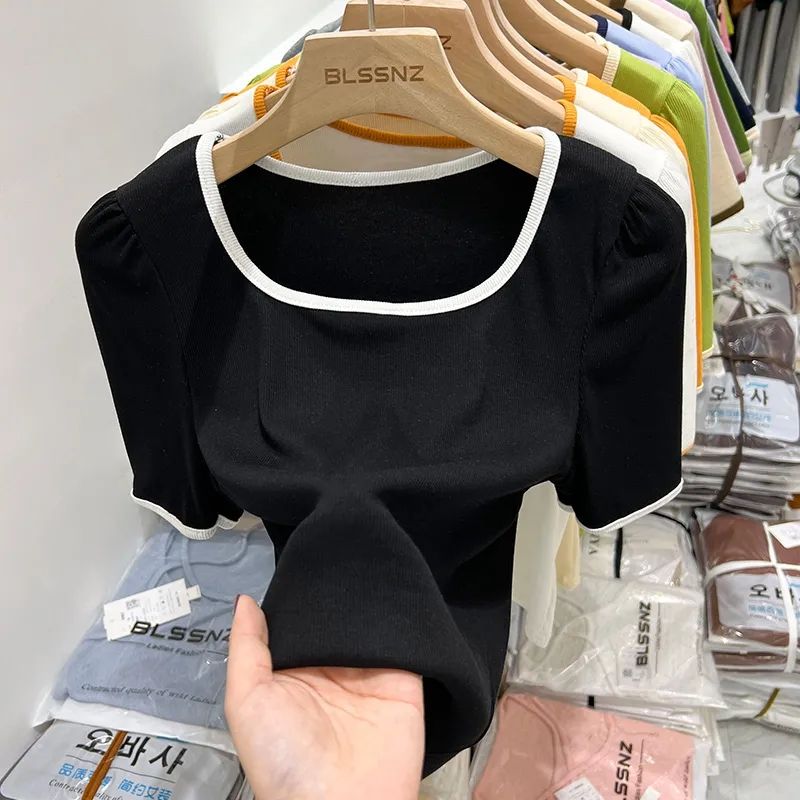Front shoulder short-sleeved t-shirt women's 2023 new summer collarbone square collar small shirt short French puff sleeve top tide