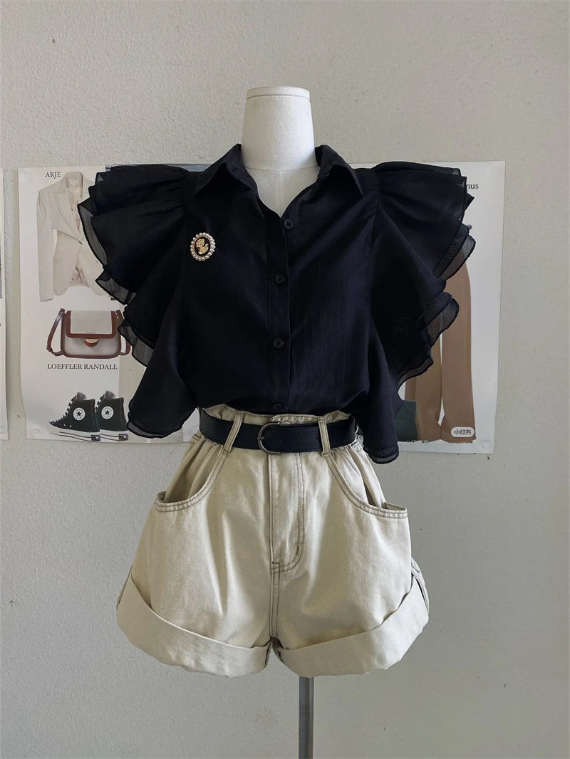 夏季新款小香风纯欲名媛穿搭一整套设计感气质衬衫短裤两件套