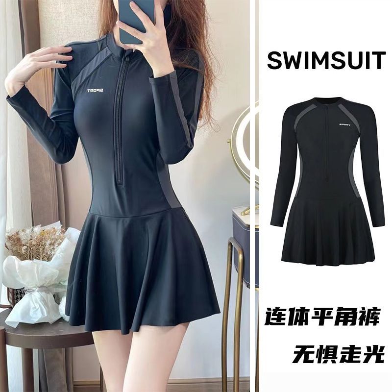 Women's summer one-piece long-sleeved sun protection large size fat mm cover the flesh and look slimming high-end western style conservative anti-exposure swimsuit