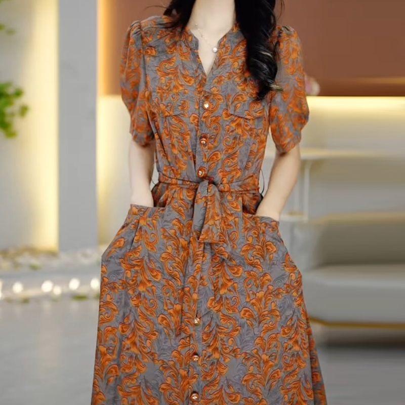 輕羽絲時尚印花連衣裙女2023夏季短袖新款洋氣減齡收腰顯瘦裙子