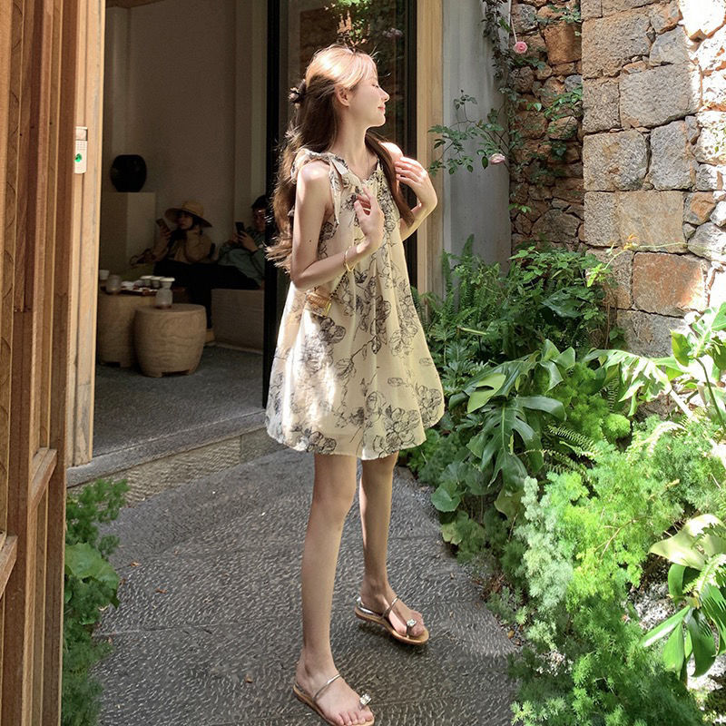 Sweet French style gentle suspender floral dress women  summer new loose lazy and thin tutu skirt