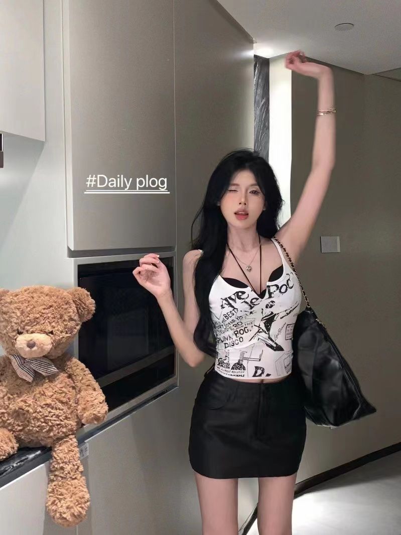 歐美印花短款彈力小吊帶女夏季外穿無袖內搭露背修身白色背心上衣