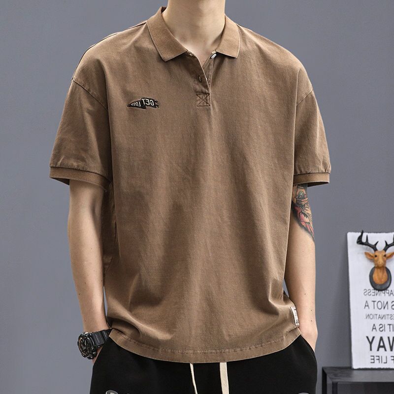 夏季新款男士POLO衫高級感翻領短袖t恤潮牌寬鬆大碼簡約復古體恤