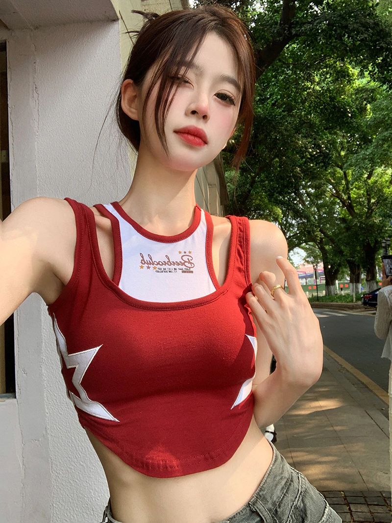 VIBRATE夏季红色假两件小吊带背心女chic韩系甜美设计感短款上衣