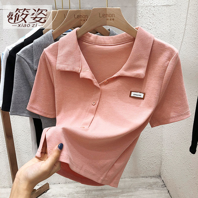 筱姿polo衫短袖t恤女裝夏季新款修身港味chic短款甜辣設計感上衣