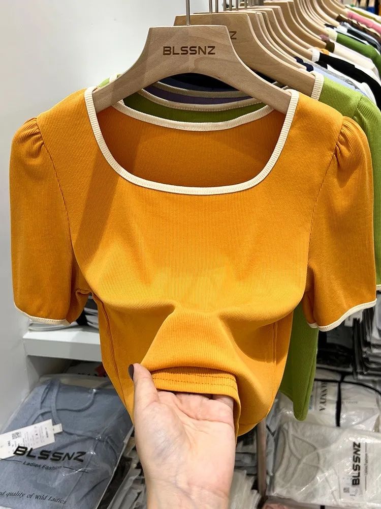 Front shoulder short-sleeved t-shirt women's 2023 new summer collarbone square collar small shirt short French puff sleeve top tide