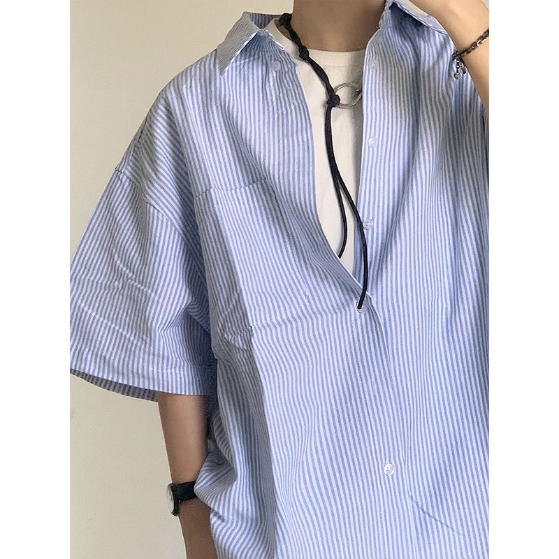 Summer thin blue striped shirt men's short-sleeved casual inch shirt loose trendy versatile Japanese style shirt