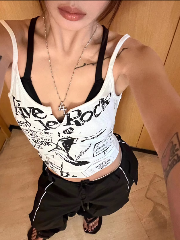 HEISSI白色印花小吊帶背心女夏y2k辣妹外穿打底內搭短款修身上衣