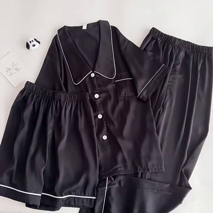 高檔女款睡衣ins風三件套冰絲夏季短袖薄款寬鬆春夏天開衫家居服