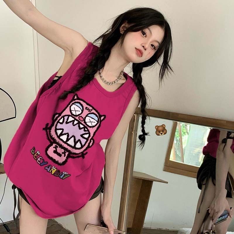 【純棉小背心】火龍果色寬鬆女夏穿搭坎肩無袖t恤外穿甜辣上衣潮