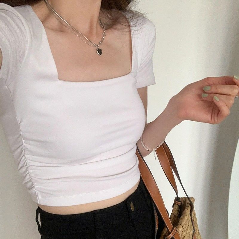 Design sense niche pure cotton short-sleeved t-shirt female summer sweet and spicy self-cultivation slim short Korean American style hot girl top ins