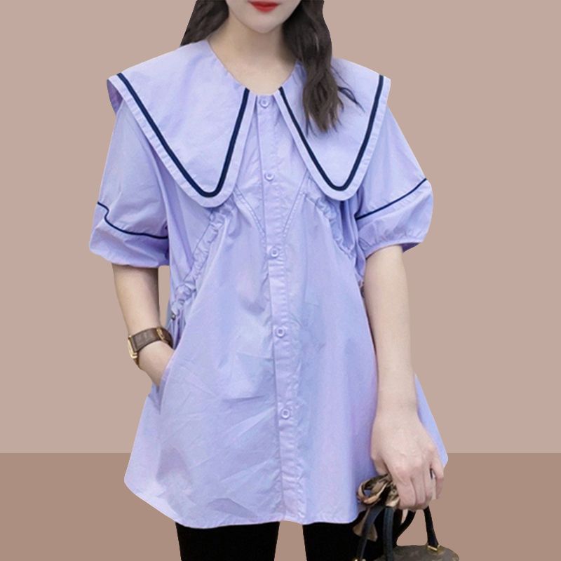 Western style age-reducing doll collar short-sleeved shirt female 2023 summer new large size fat mm slimming belly-covering shirt top