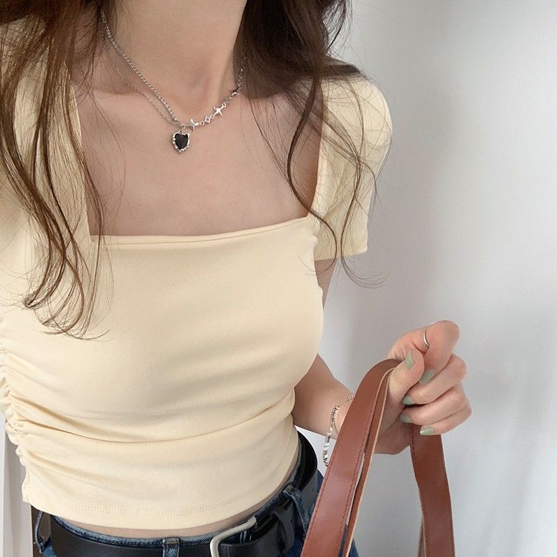 Cotton design sense square collar front shoulder t-shirt female 2023 temperament explosive style slim fit solid color short section versatile small ins