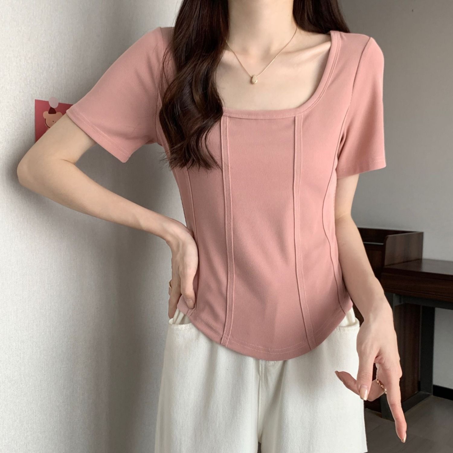 Pure desire wind pink fish bone short-sleeved waist cover meat slightly fat mm large size summer square collar t-shirt women's front shoulder top