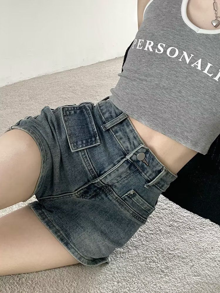 Internet celebrity street shorts new 2023 popular women's pants dark blue pear-shaped body slimming high-waisted jeans for summer