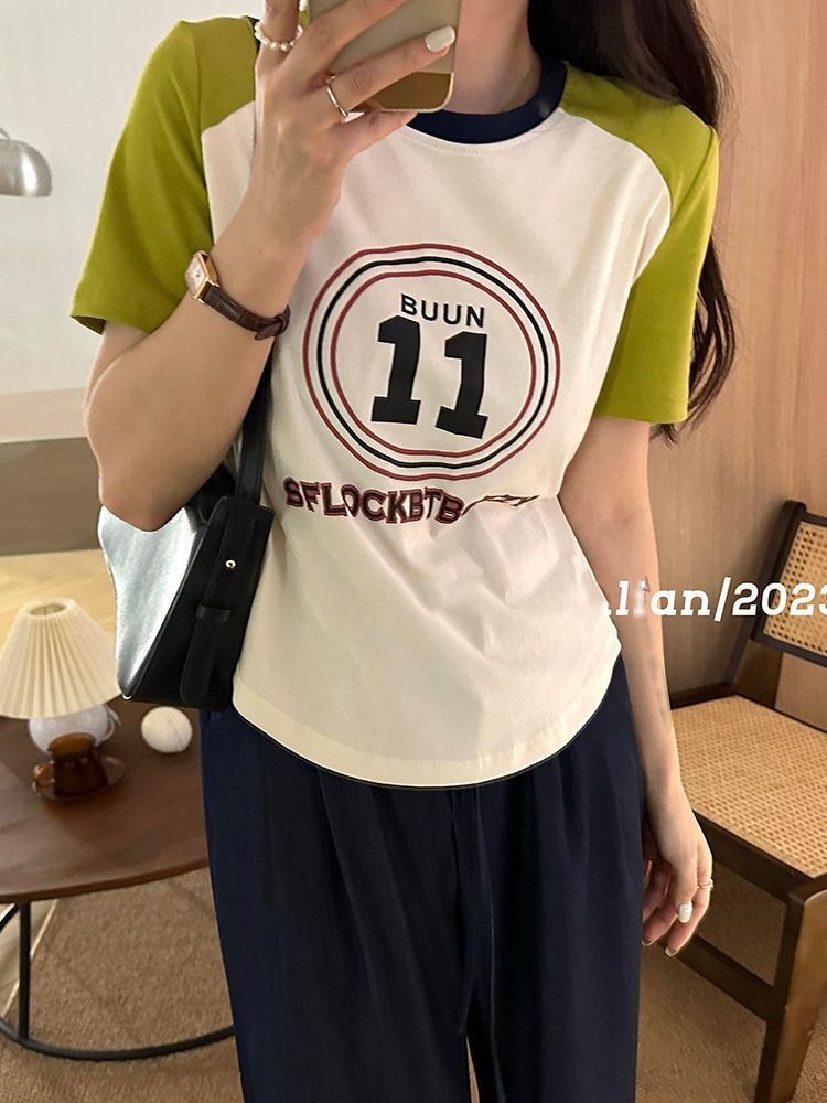 Curved women's t-shirt short-sleeved summer new trend hit color slightly fat mm loose covering meat fashion slimming top