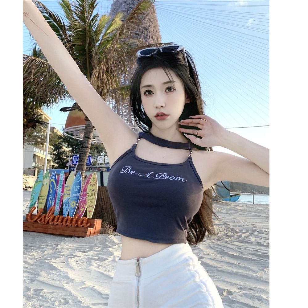 甜辣妹純欲掛脖帶胸墊吊帶背心女夏季魚骨收腰露臍內搭短款上衣