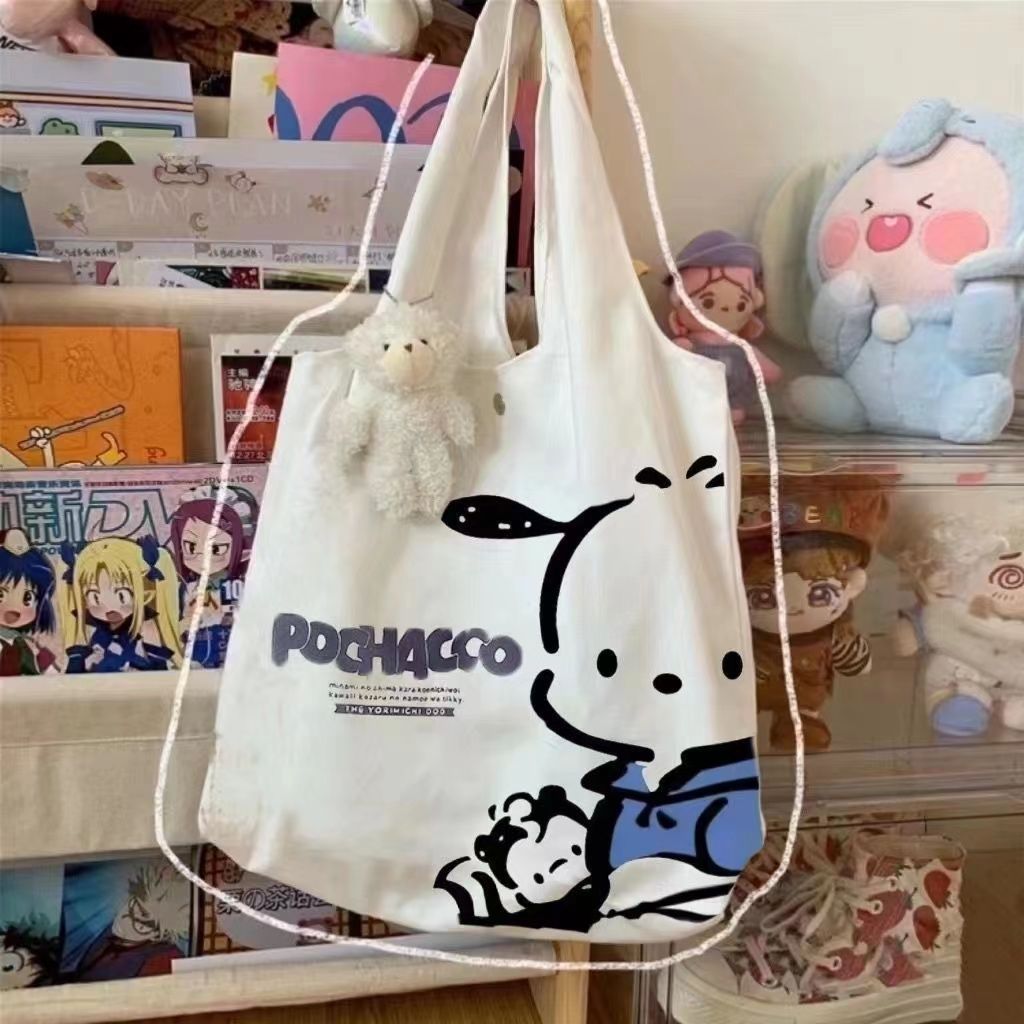 New student canvas bag large capacity tutoring tote bag ins versatile cute cartoon shoulder bag for loading books in class