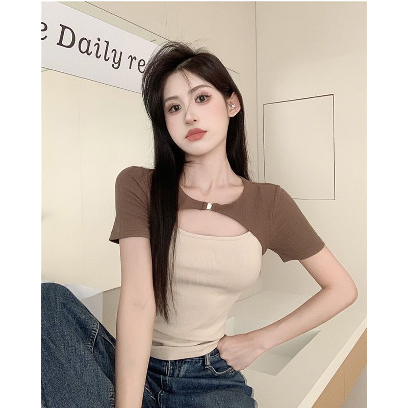 辣妹假兩件拼接撞色短袖t恤女裝夏季設計感小眾鏤空修身顯瘦上衣