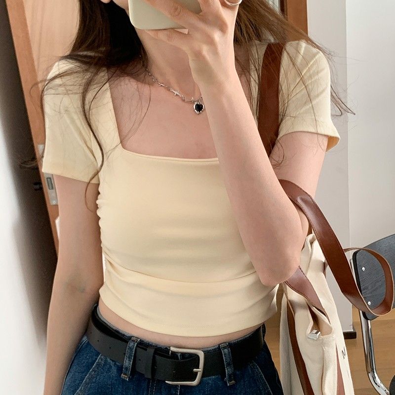 Summer pure cotton square collar short-sleeved shoulder t-shirt women's all-match short hot girl top slim fit slim Korean version of the small man i