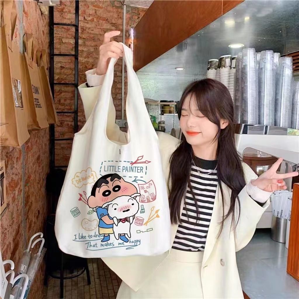 New cartoon canvas bag ins style simple and versatile student shoulder bag large capacity tutorial bag portable