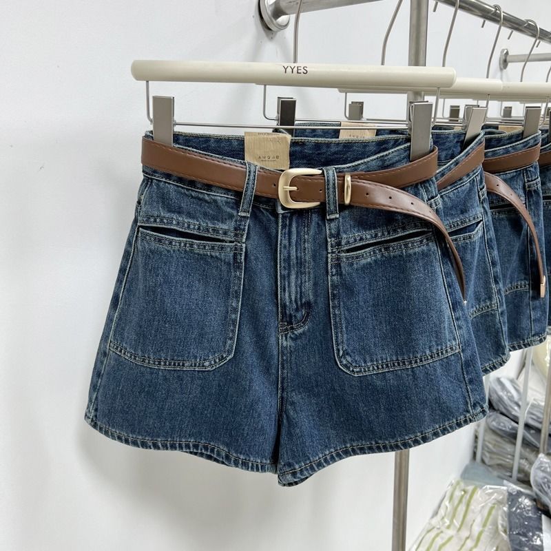 Korean style retro design denim shorts for women 2023 summer new high-waisted front pocket a-line slimming wide-leg hot pants