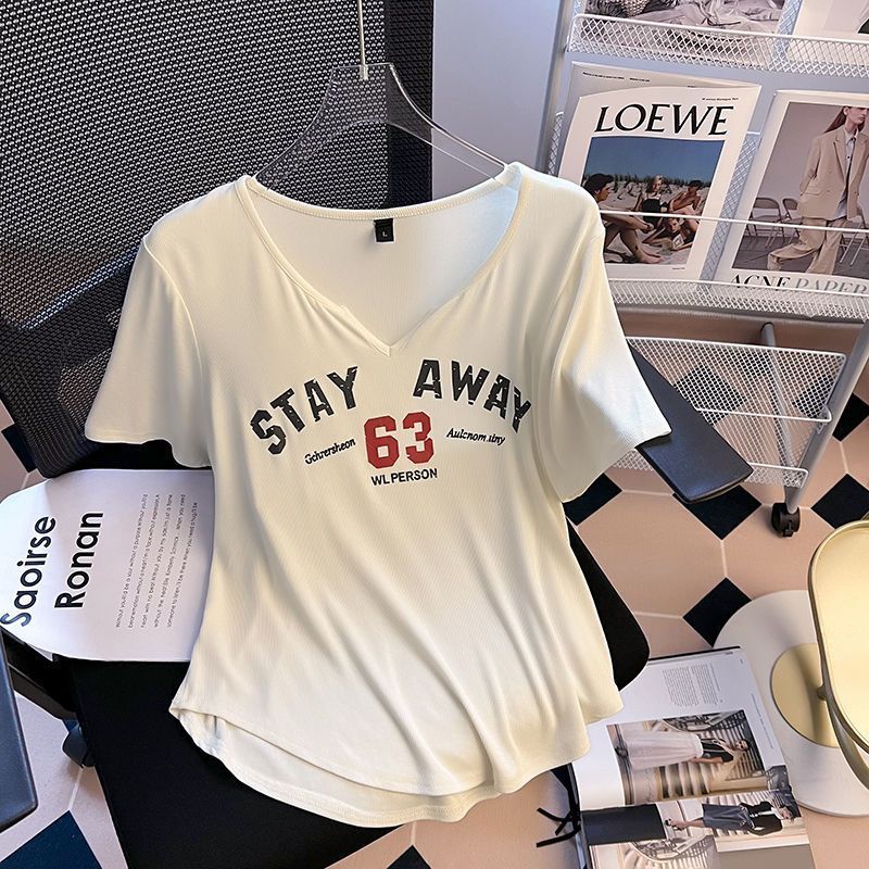 Large size fat MM summer fashion design large neckline t-shirt slimming cover belly ladies cover meat V-neck short-sleeved top