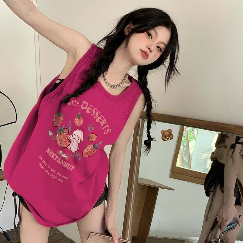 火龍果色坎肩無袖T恤女夏季法式甜辣小背心音樂節多巴胺穿搭上衣