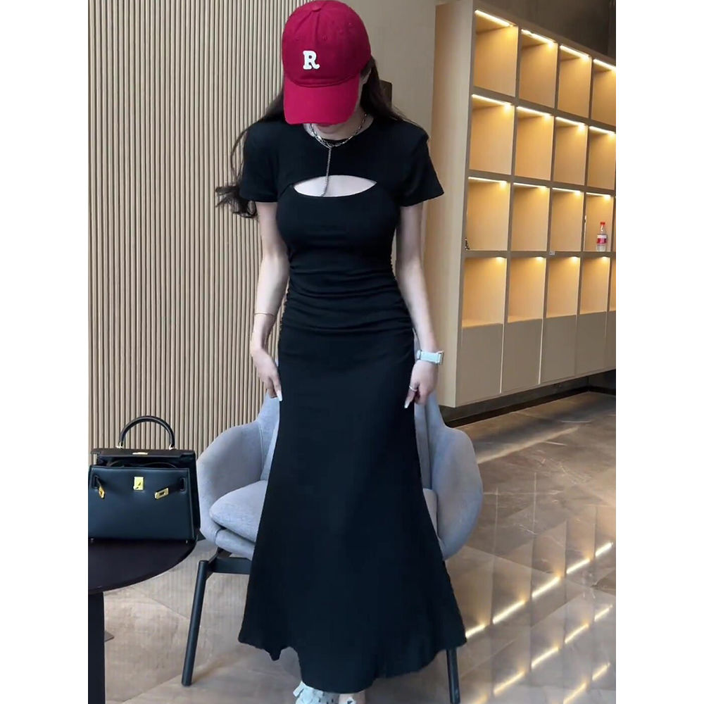 Xiaozi Temperament Black Hollow Fishtail Skirt  New Careful Machine Sexy Slim Thin Package Hip Dress